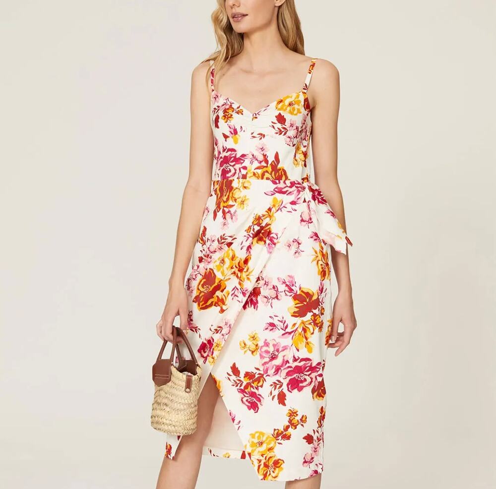 Great Jones Floral Midi Slip Dress SIZE 12 Cocktail Cotton Ruched Designer $250